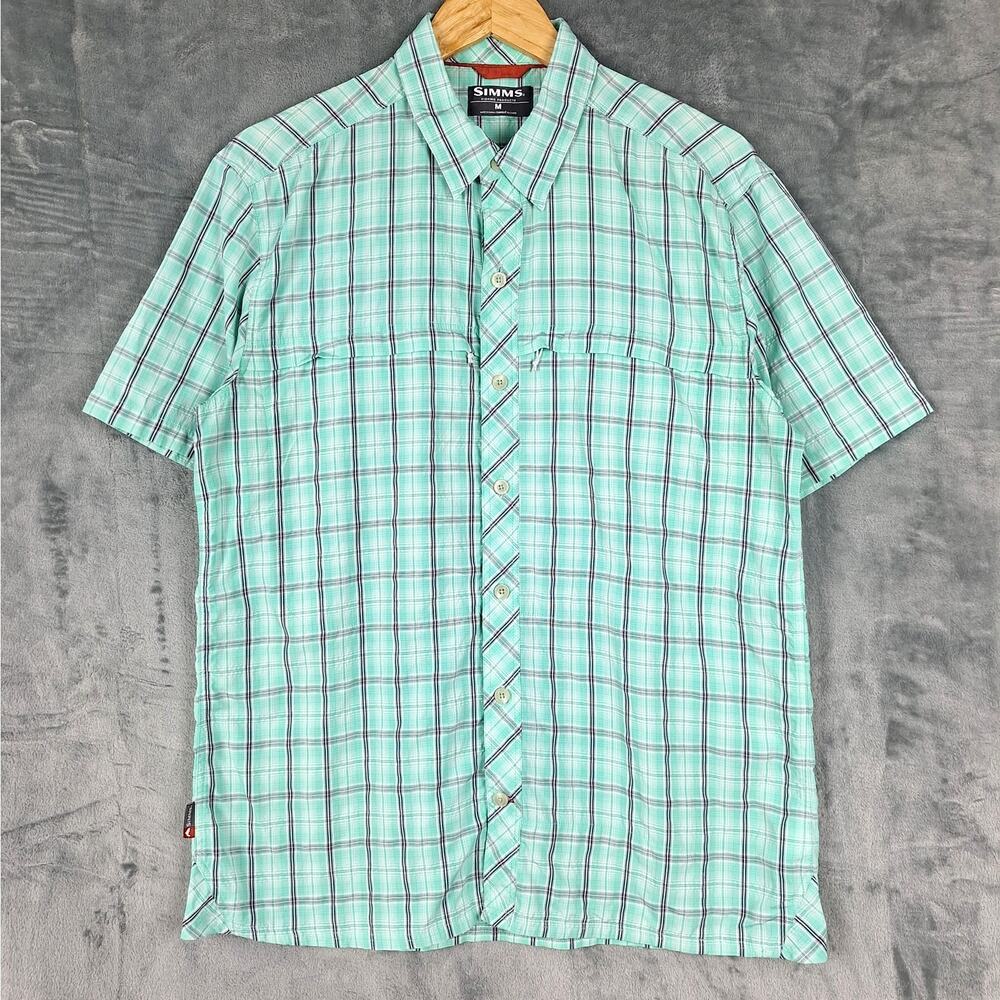 Simms Shirt‎ Medium Green Fishing Hiking Button Vented Plaid Outdoor Casual